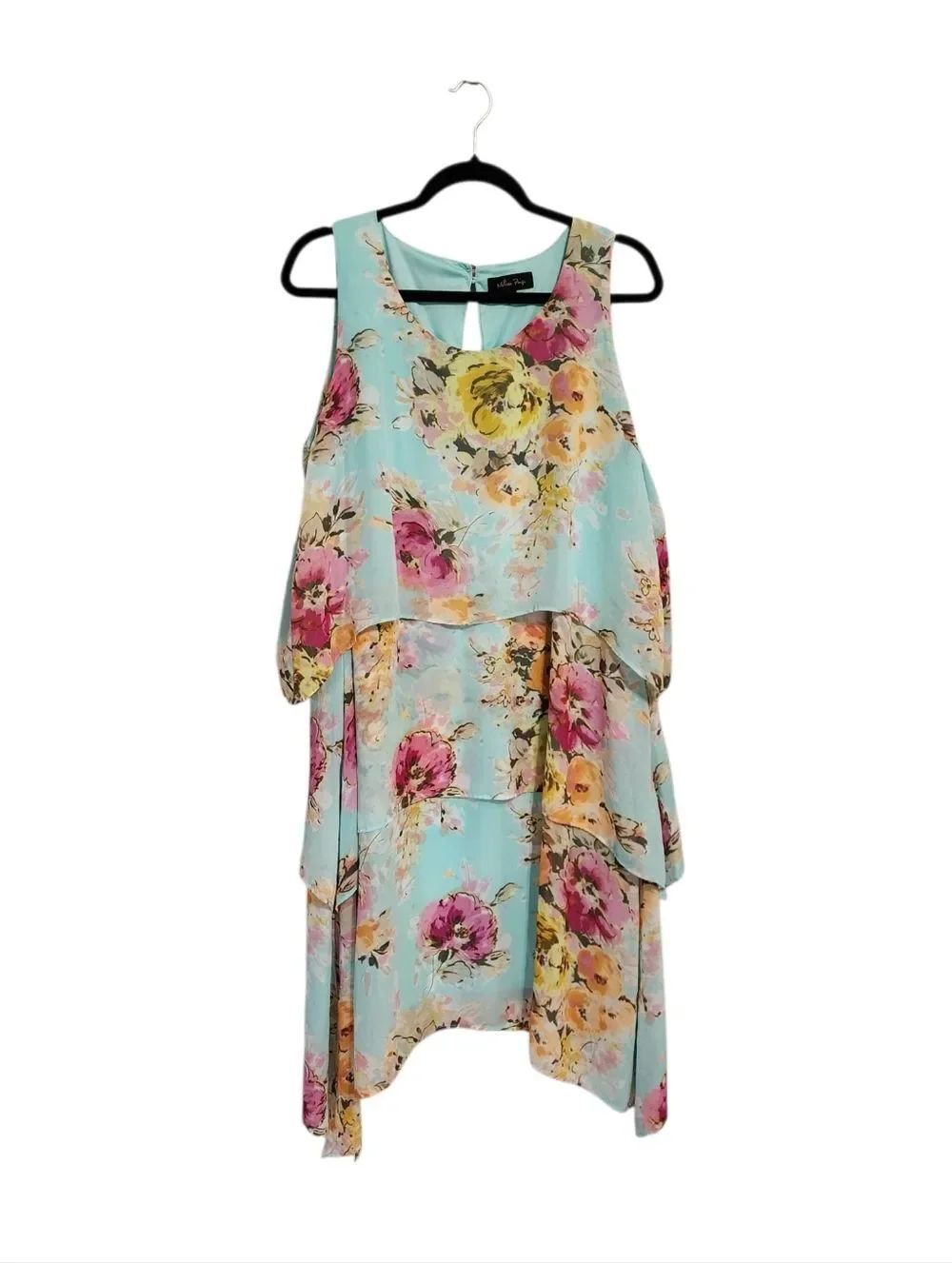 Melissa Paige Midi Dress XL Blue Floral Tiered Layered Flowy Boho